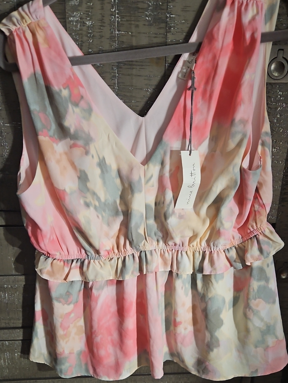 NINE BRITTON Watercolor Floral Sleeveless Peplum Top - Pink, Peach, Gray